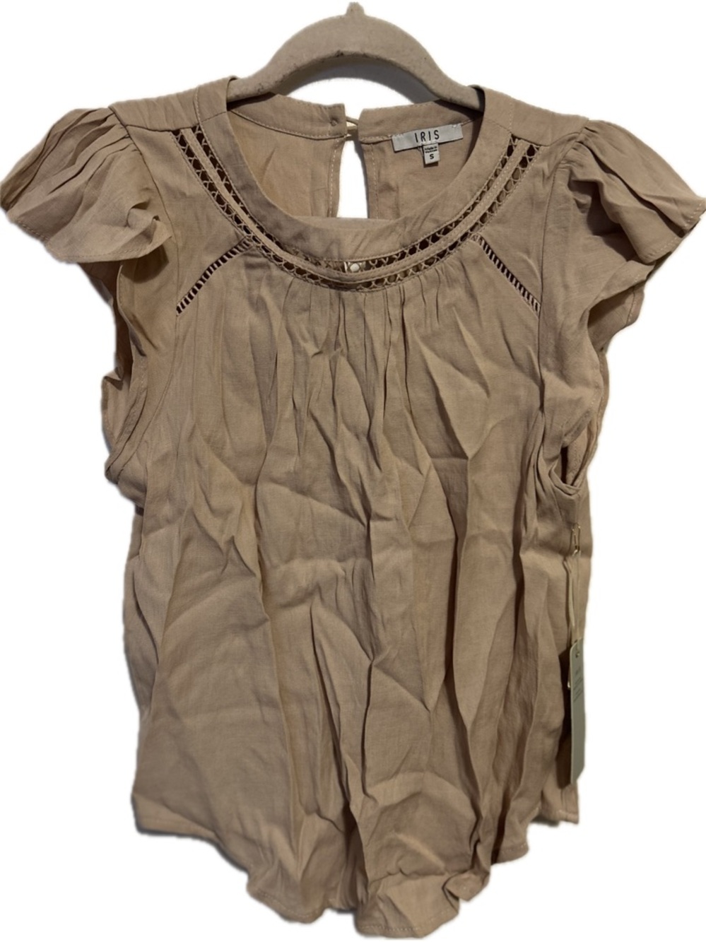 Iris Neutral Beige Crochet-Yoke Flutter Sleeve Top